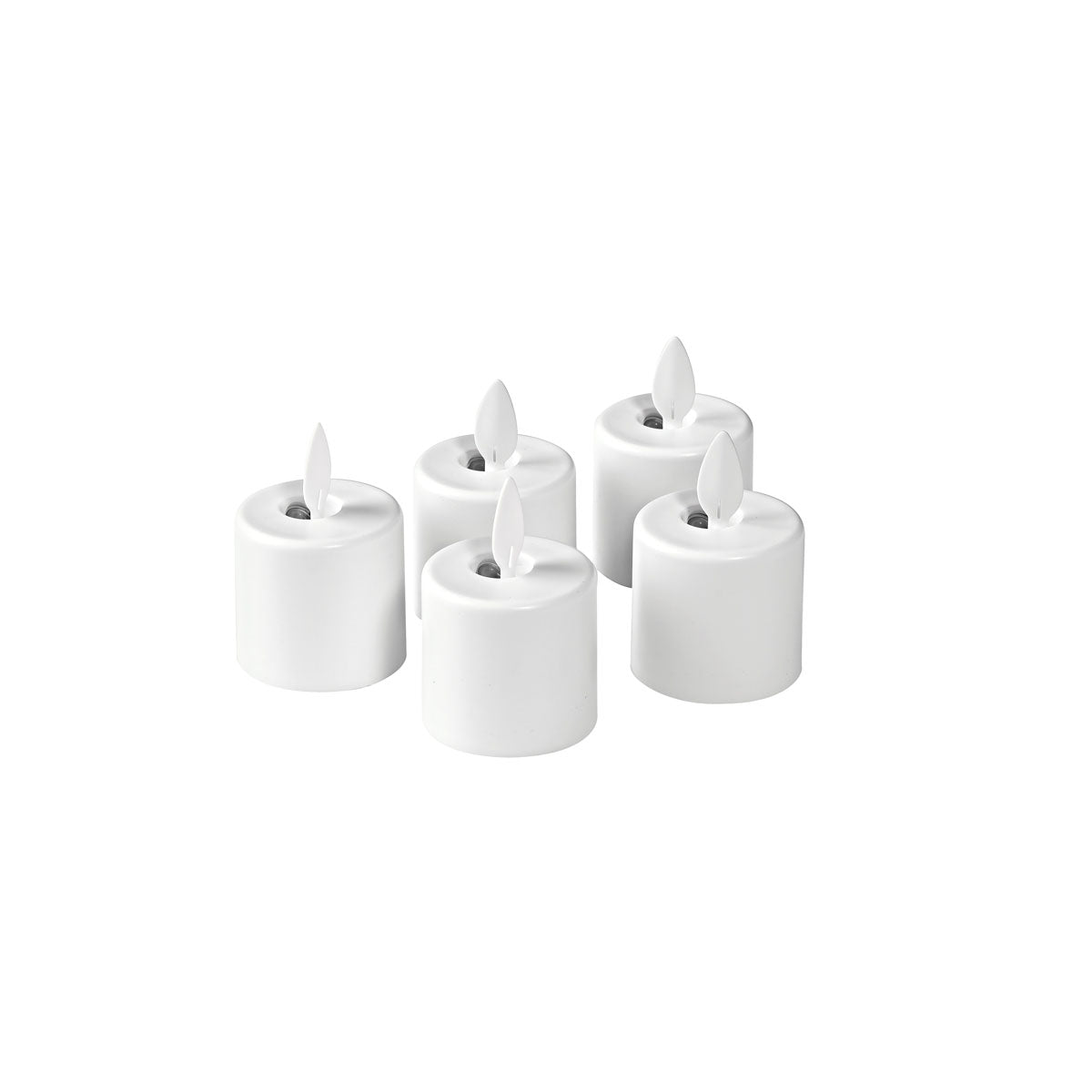Vijf warmwitte LED-vervangkaarsen (38x36 mm) van Duni GmbH met bewegende vlam effecten maken de een-delige set tot een ideale optie voor gezellig, batterij aangedreven licht.
