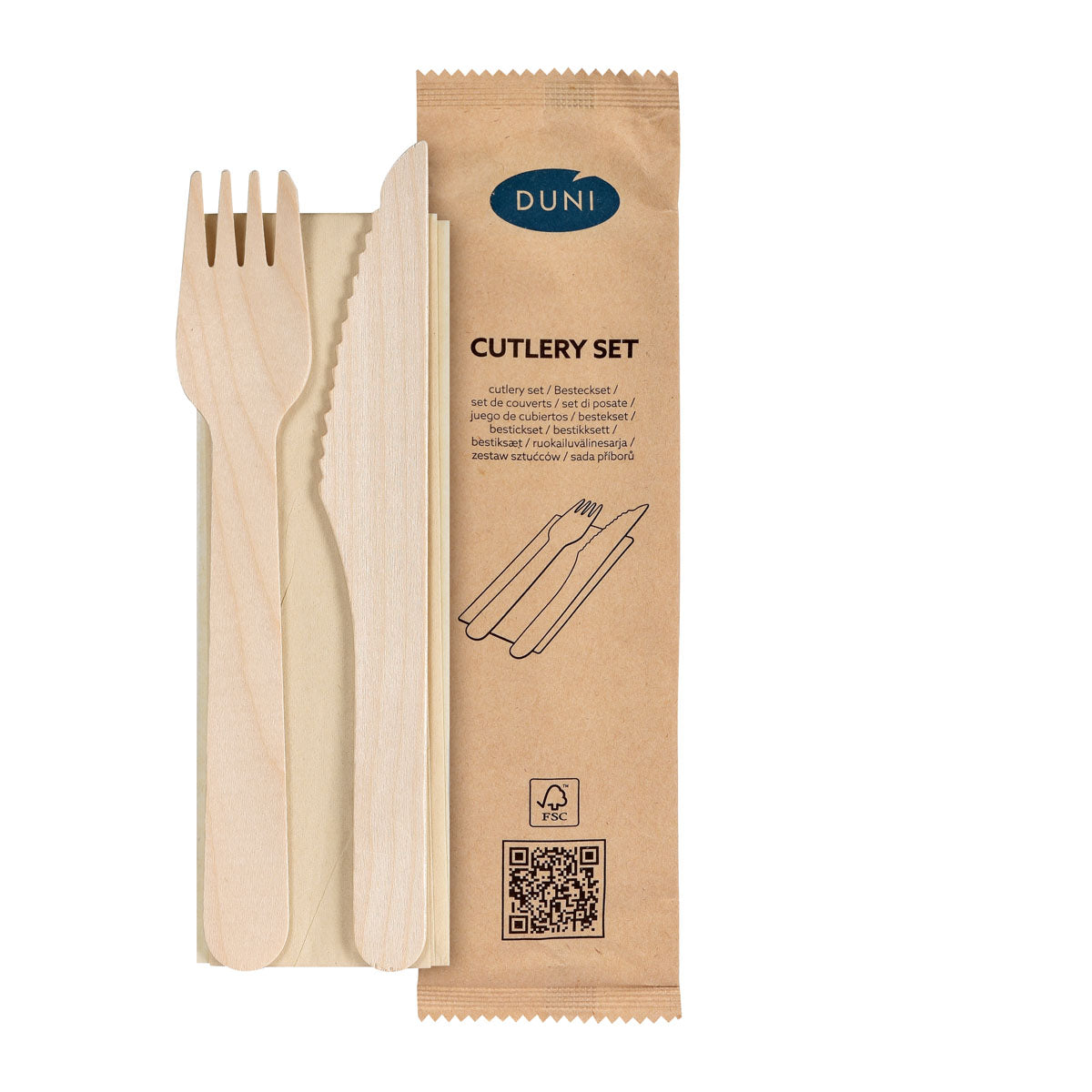Das 3/1 Besteck Set aus Holz von Duni GmbH mit Gabel, Messer und natürlicher, gewachster brauner Serviette (160x160 mm) ist in einer Packung mit 250 Stück erhältlich - ideal für nachhaltigen Genuss.