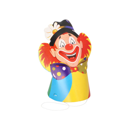 Een kleurrijke feesthoed in clownsvorm van de PAPSTAR GmbH met grote rode neus, een glimlach, rood haar en een gestippelde strik. Gemaakt van hoogwaardige materialen met kleurrijke ontwerpen. Inclusief elastiek. Onderdeel van het PAPSTAR 5-hoedjesset.