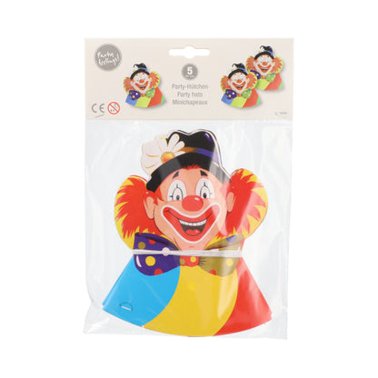Het 5-hoedjes-pakket van de PAPSTAR GmbH bevat kleurrijke feesthoeden met een cartoon-clowngezicht - rode neus, oranje haar, blauwe hoed en heldere secties - verpakt in plastic en voorzien van kleurrijke ontwerpen en productdetails.