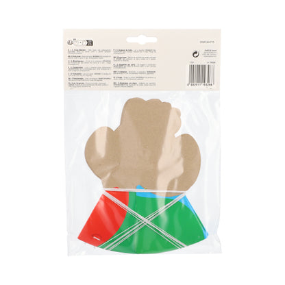 Een kunststofverpakking van de PAPSTAR GmbH bevat een bruine, wantvormige kartonnen houder en meerdere platte rode, groene en blauwe kunststofdelen in kleurrijke ontwerpen met een wit etiket met productinformatie, barcode en de tekst 'PAPSTAR 5 hoedjes'.