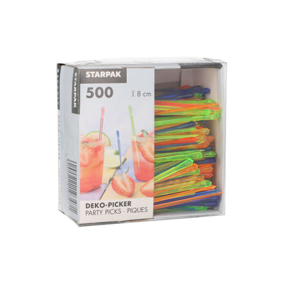 De doos "PAPSTAR decoratieprikkers 'Drop' 8 cm, kleurrijk gesorteerd voor feesten" van PAPSTAR GmbH bevat 500 kleurrijke feestprikkers in een kartonnen schaal - ideaal voor het decoreren van drankjes en fingerfood op elk feest.