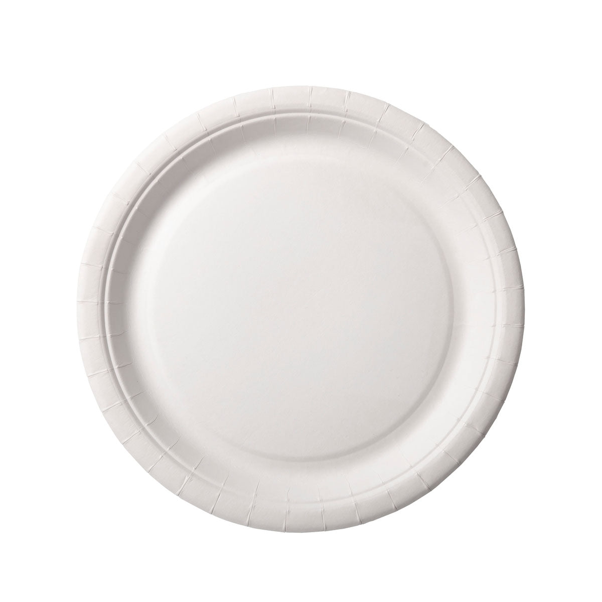 Een ronde, witte 18-cm-papieren bord van Duni GmbH (verpakking van 100 stuks) staat van bovenaf gezien op een witte ondergrond en heeft een licht verhoogde rand met subtiele textuur.