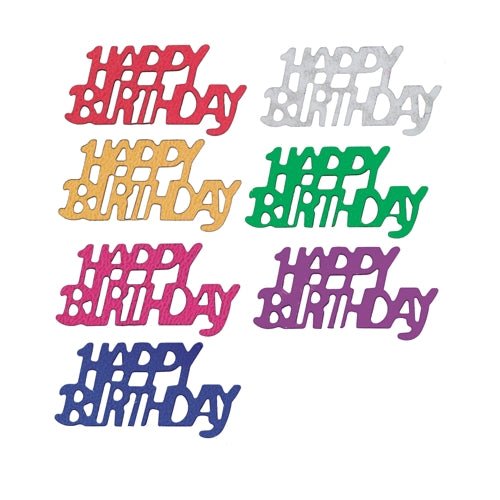 PAPSTAR Deco-strooidecoratie "Happy Birthday" gekleurde folie (15 g zak) toont sterke, kleurrijke tekens - rood, zilver, geel, groen, roze, paars, blauw - op een witte achtergrond. Perfect voor tafeldecoraties voor verjaardagen.