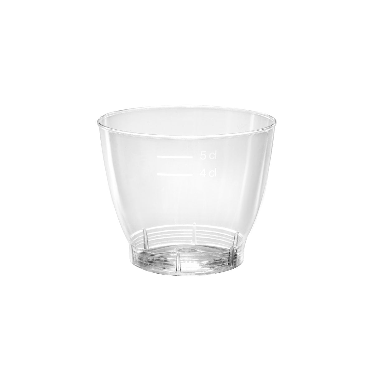 Het Duni GmbH portieglas Crystallo 65 ml van transparant PLA is afgebeeld met de markeringen 4 cl en 5 cl op een witte achtergrond. De verpakking bevat 40 stuks.