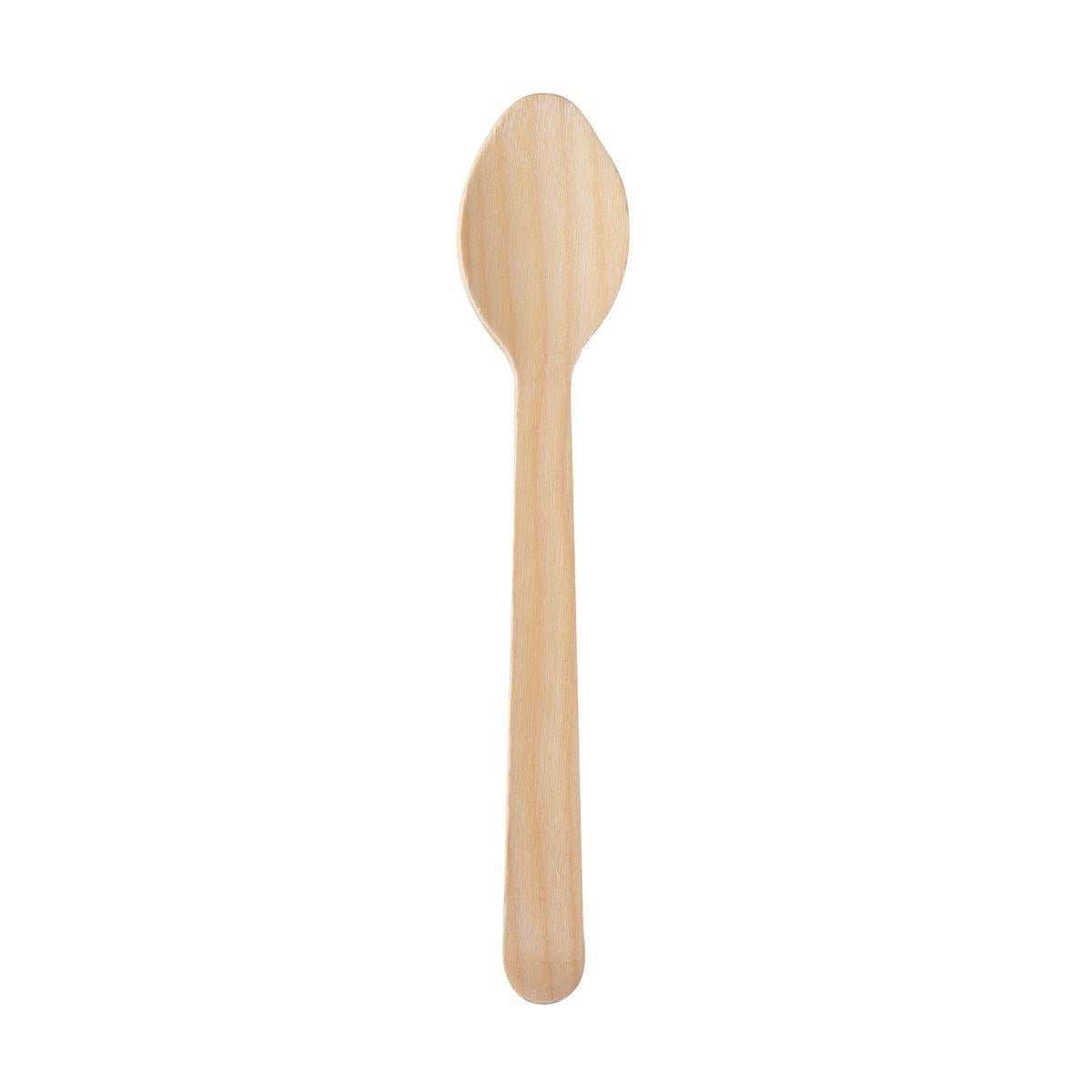 De lepel Silva 185 mm van Duni GmbH van gewaxed natuurhout met platte steel en ronde kom wordt verticaal voor een witte achtergrond getoond. Verpakking: 100 stuks.