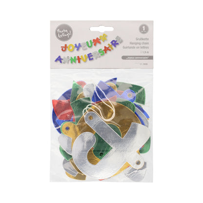De PAPSTAR GmbH slinger (1,9 m) "Joyeux Anniversaire" is een feestelijke, kleurrijke slinger voor verjaardagsdecoratie met metalen letters. Ze wordt geleverd in een doorzichtige plastic zak met een gelabeld deksel.