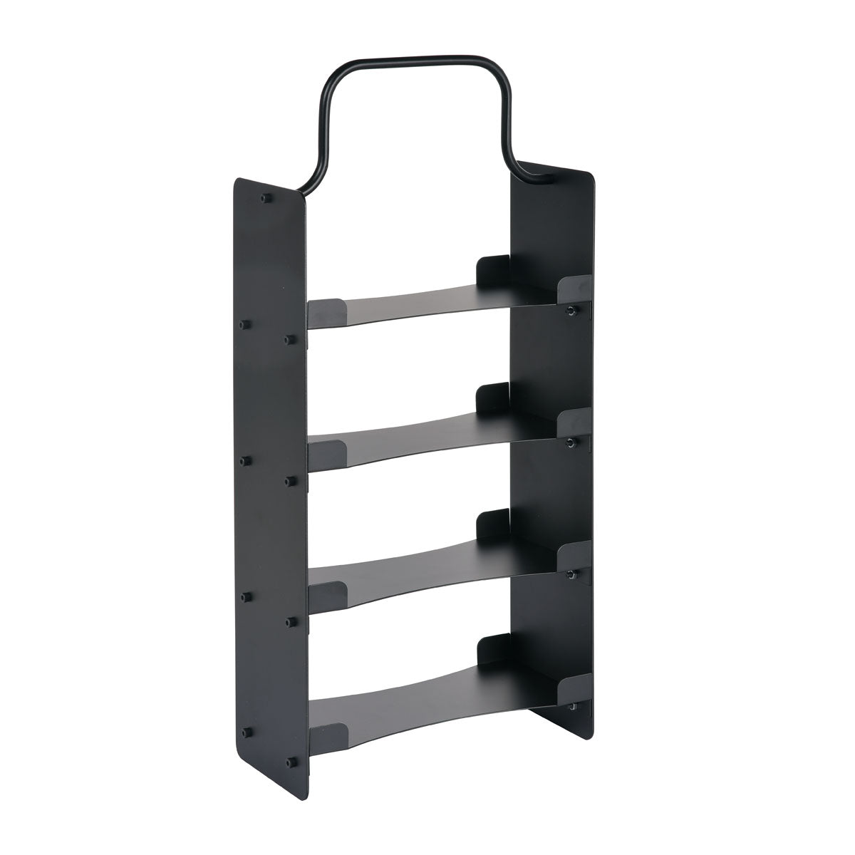 Een zwart metalen rek met vier legplanken en een handvat aan de bovenkant, dat zich onderscheidt door zijn massieve, afgeronde zijkanten - perfect voor het opbergen van voorwerpen zoals het Duni GmbH LED-oplaadstation voor 4 sets met beweegbare vlam voor decoratiedoeleinden.