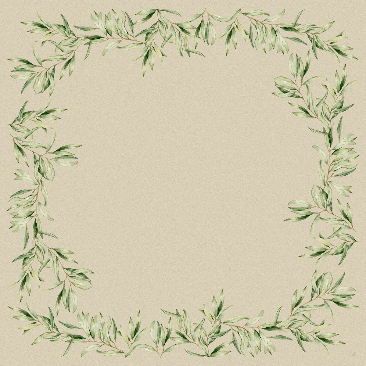 De Dunicel-middeldekken 84 x 84 cm Foliage van Duni GmbH bieden een vierkant kader van aquarel groene bladtakken en een lichtbeige centrum, ideaal voor een elegante tafeldecoratie. Elke verpakking bevat 20 stuks.
