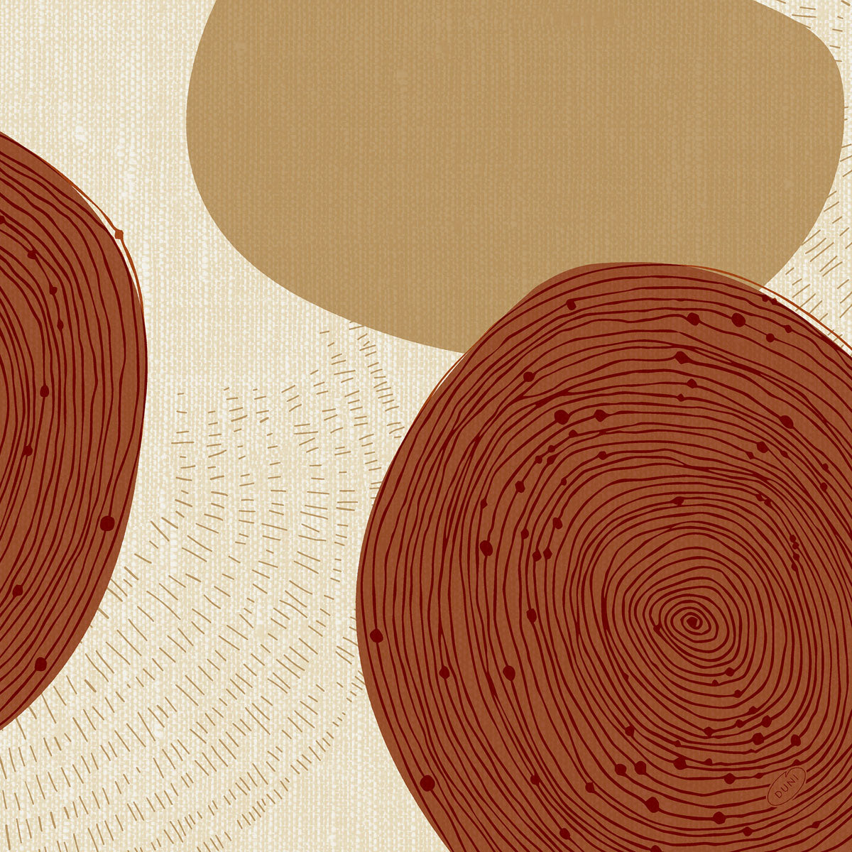 Abstraktes Bild mit großen, sich überlappenden beigen und braunen Formen, inspiriert von den Klassikservietten 40 x 40 cm 4-lagig, geprägt 1/4 Falz der Duni GmbH. Mit kreisförmigen Formen mit konzentrischen Akzenten und einer unregelmäßigen hellbraunen Form auf einem linearen Hintergrund.