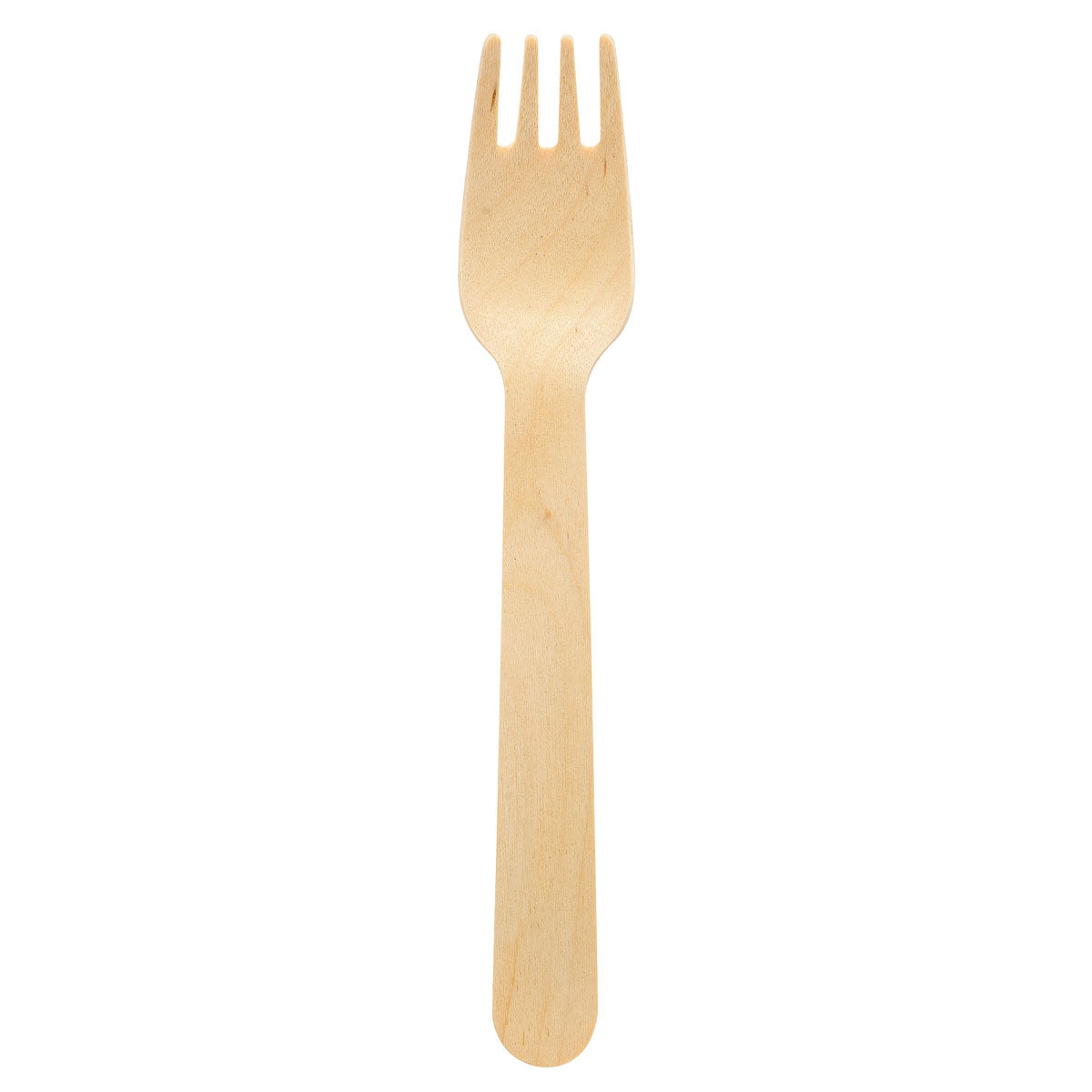 Eine Duni GmbH Gabel 160 mm, Holz gewachst, Natural gewachst 160 (100 Stück Packung) mit vier Zinken ist auf weißem Hintergrund abgebildet und unterstreicht umweltfreundliches Besteck.