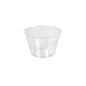 Een transparante rPET-dressingbeker van 120 ml van Duni GmbH (74x74x47 mm) met brede opening en licht taps toelopende zijkanten is afgebeeld op een effen witte achtergrond. Verkocht in verpakkingen van 200 stuks.