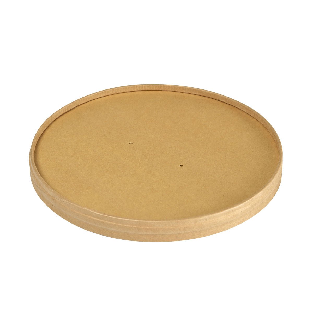 Een milieuvriendelijke deksel van karton Ronda WIDE+ van Duni GmbH van bruin FSC/PLA-karton (184x184x17 mm, 900/1300 ml) met licht verhoogde randen en twee kleine gaatjes ligt op een witte achtergrond. Verpakking van 25 stuks.