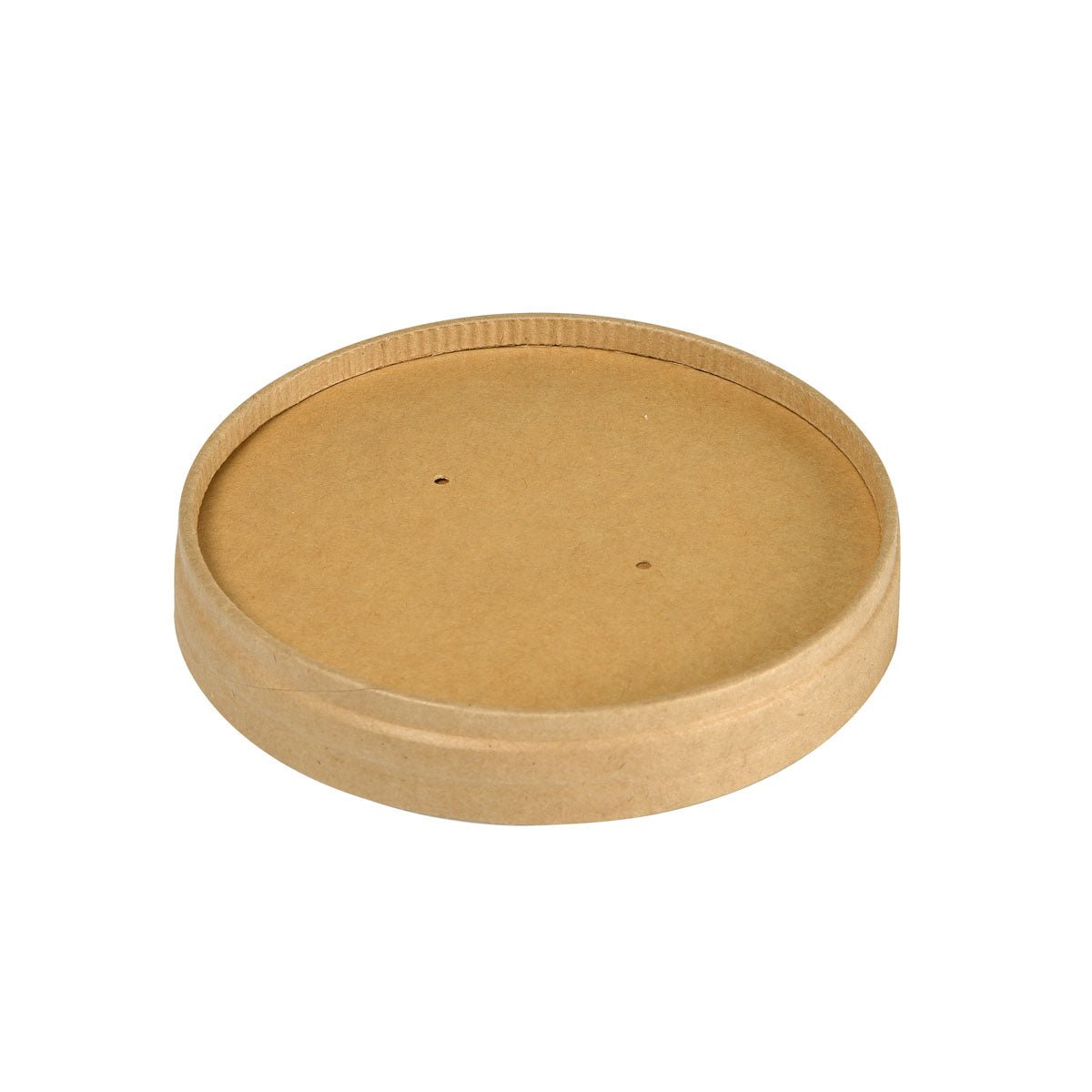Een ronde, bruine FSC/PLA-kartondeksel (90x90x16 mm) met een lichte rand en twee gaten, ontworpen door de Duni GmbH, passend voor de Ronda SHORT beker 240/360 ml. Verpakking: 25 stuks.