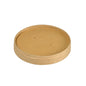 Een ronde, bruine FSC/PLA-kartondeksel (90x90x16 mm) met een lichte rand en twee gaten, ontworpen door de Duni GmbH, passend voor de Ronda SHORT beker 240/360 ml. Verpakking: 25 stuks.