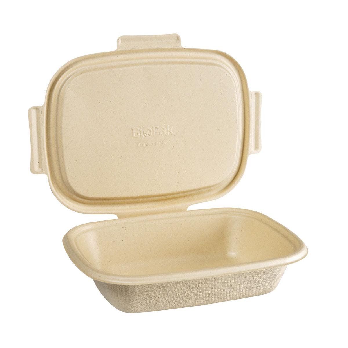 Een bruine, rechthoekige Duni GmbH Bagasse Box Shield 1200 ml (426x304x57 mm), composteerbaar met scharnierend deksel, open en leeg afgebeeld. Milieuvriendelijke wegwerpverpakking, biologisch afbreekbaar. De verpakking bevat 50 stuks.