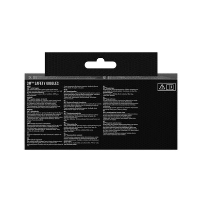 Rückseite einer 3M™ Classic Schutzbrille 4700-Verpackung von 3M Deutschland GmbH zeigt Augenschutz-Infos und Sicherheitshinweise in mehreren Sprachen auf Schwarz, mit einem oberen Ausschnitt zum Aufhängen und Details zum direkt belüfteten Klarsichtscheiben-Design.