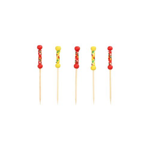 PAPSTAR Fingerfood-pickers "Mexico" (7,5 cm), 40-pack, van PAPSTAR GmbH - perfect voor feestjes en de stijlvolle presentatie van gerechten met decoratieve rode en gele parelgrepen.