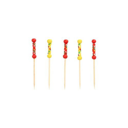 PAPSTAR Fingerfood-pickers "Mexico" (7,5 cm), 40-pack, van PAPSTAR GmbH - perfect voor feestjes en de stijlvolle presentatie van gerechten met decoratieve rode en gele parelgrepen.