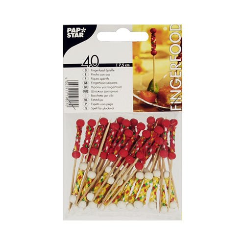 Een verpakking met 40 PAPSTAR Fingerfood pickers "Mexico", elk 7,5 cm met rode en witte parels, ideaal voor feestjes. Gepresenteerd door de PAPSTAR GmbH in een zak met doorzichtvenster voor een aantrekkelijke presentatie.
