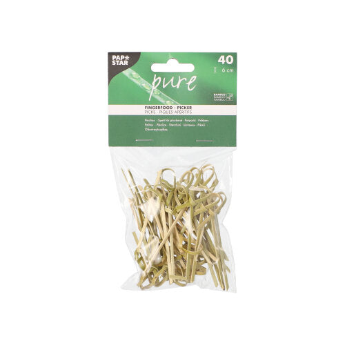 40 stuks PAPSTAR Fingerfoodprikkers „pure“ 6 cm in een transparante zak van PAPSTAR GmbH met groen-wit etiket – ideaal voor het stijlvol serveren van fingerfood.