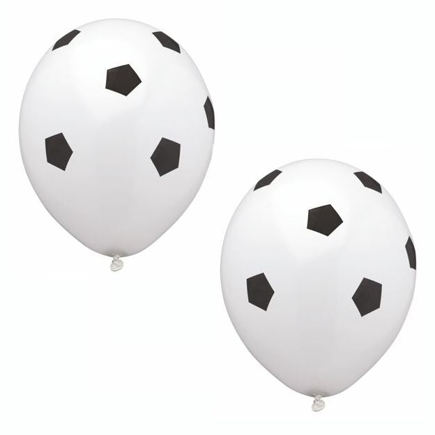 Zwei PAPSTAR Luftballons "Soccer" (Ø 29 cm) von PAPSTAR GmbH mit schwarzem Fußballmuster eignen sich perfekt als Partydeko für Kindergeburtstage; erhältlich im Beutel zu 8 Stück - ideal für Fußballpartys.