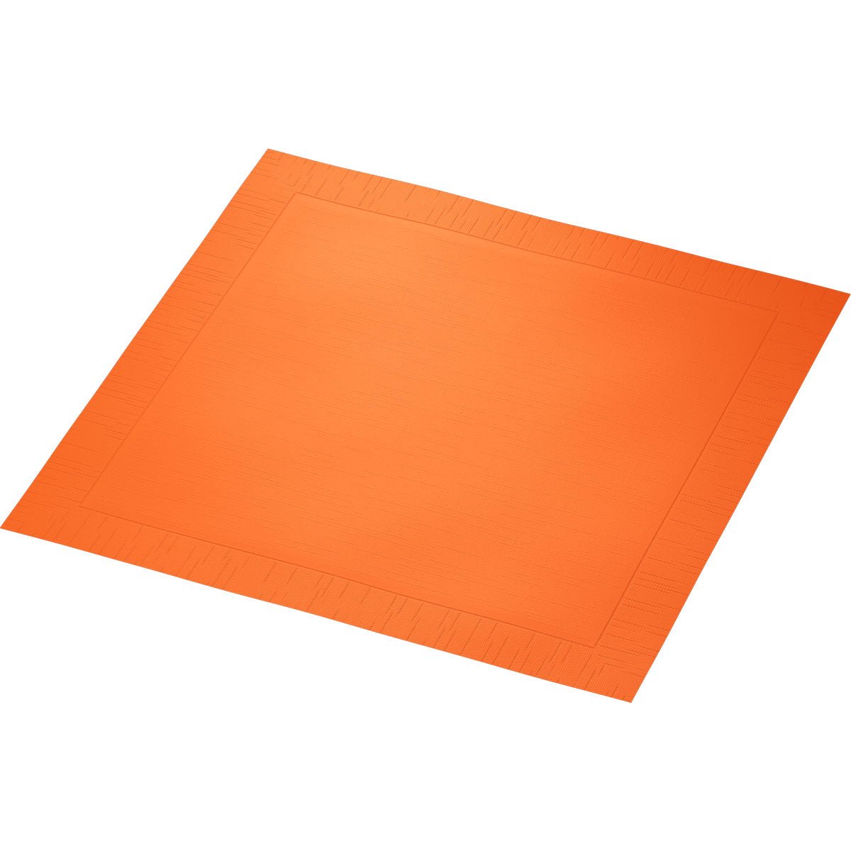 Een vierkante, oranje Duni GmbH Klassieke servetten 40 x 40 cm 4-laags papieren servet met subtiele rand- en kantstructuur ligt plat op een witte achtergrond.