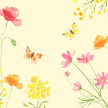 Aquarelbloemen in rood, geel en oranje met vlinders op een lichtgele achtergrond. Ideaal voor Dunisoft-Serv. 40x40cm van Duni GmbH - perfect voor stijlvolle servetten of servetten met een zachte stofachtige uitstraling.