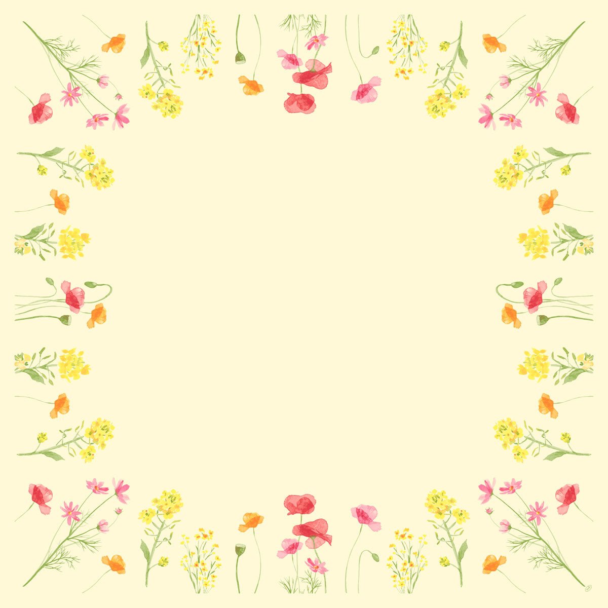 De Dunicel middellange doek 84x84 cm Poppy Field van Duni GmbH toont een vierkante bloemenrand in aquarelstijl met gele, roze en oranje bloemen op een lichtgele achtergrond - ideaal voor een elegante tafeldecoratie. Verpakking: 20 stuks.