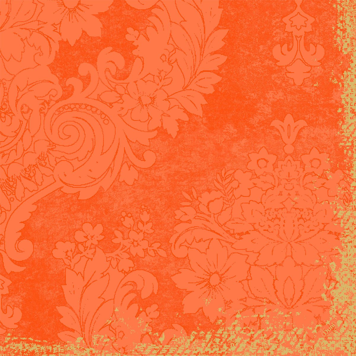 Versierde bloem- en bladmotieven in vervaagd oranje sieren een gestructureerd oppervlak. De rafelige randen geven deze Duni GmbH Klassieke servetten 40 x 40 cm 4-laags, reliëf 1/4 vouw de elegante charme van een vintage behang.