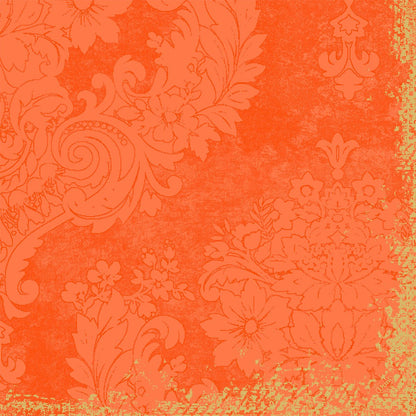 Versierde bloem- en bladmotieven in vervaagd oranje sieren een gestructureerd oppervlak. De rafelige randen geven deze Duni GmbH Klassieke servetten 40 x 40 cm 4-laags, reliëf 1/4 vouw de elegante charme van een vintage behang.