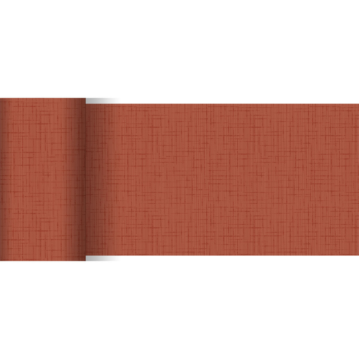 Der Duni GmbH Dunicel-Tischläufer (20 m x 15 cm) zeigt ein strukturiertes Kreuzschraffur-Muster in gedämpftem Rost oder Terrakotta, teilweise ausgerollt vor weißem Hintergrund - ideal als Tischdekoration.
