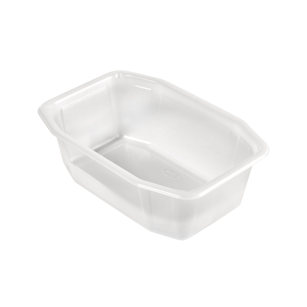 De Duni GmbH PP-schaal HMR Transparant PP 215x148, een heldere rechthoekige container met afgeschuinde zijkanten en afgeronde hoeken, is leeg afgebeeld tegen een witte achtergrond.