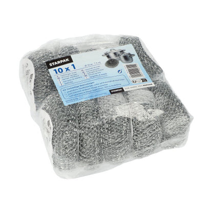 Een in plastic verpakte Starpak pannenspons (draad rond Ø 10 cm, 3 cm, schurend | net, 1 stuk) met blauwe tekst en schrobplaatjes, ideaal voor de grondige reiniging van kookgerei met productdetails aan de voorkant.