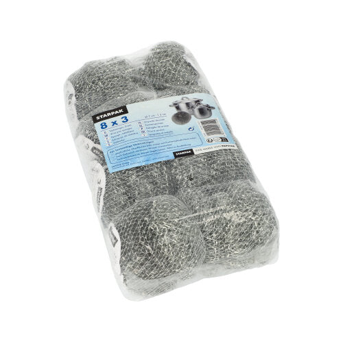 Eine durchsichtige, in Plastik verpackte Packung mit drei Starpak Draht-Topfreinigern (Ø 7 cm, 2 cm, kratzend) mit der Aufschrift „Starpak“. Das blau-weiße Etikett bewirbt effektive Reinigungslösung für Töpfe und Pfannen in mehreren Sprachen.