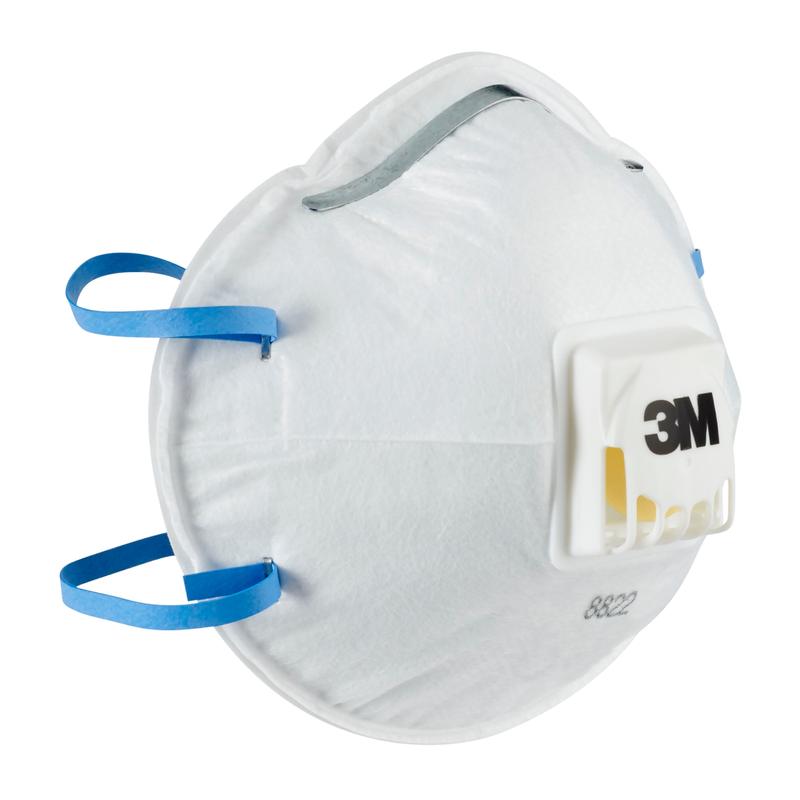 Het 3M™ Cool Flow™ deeltjesmasker 8822, FFP2, met ventiel van 3M Deutschland GmbH is een wit ademhalingsmasker met blauwe elastische banden en een uitademventiel dat schuin wordt getoond en de voorkant en zijkant benadrukt.