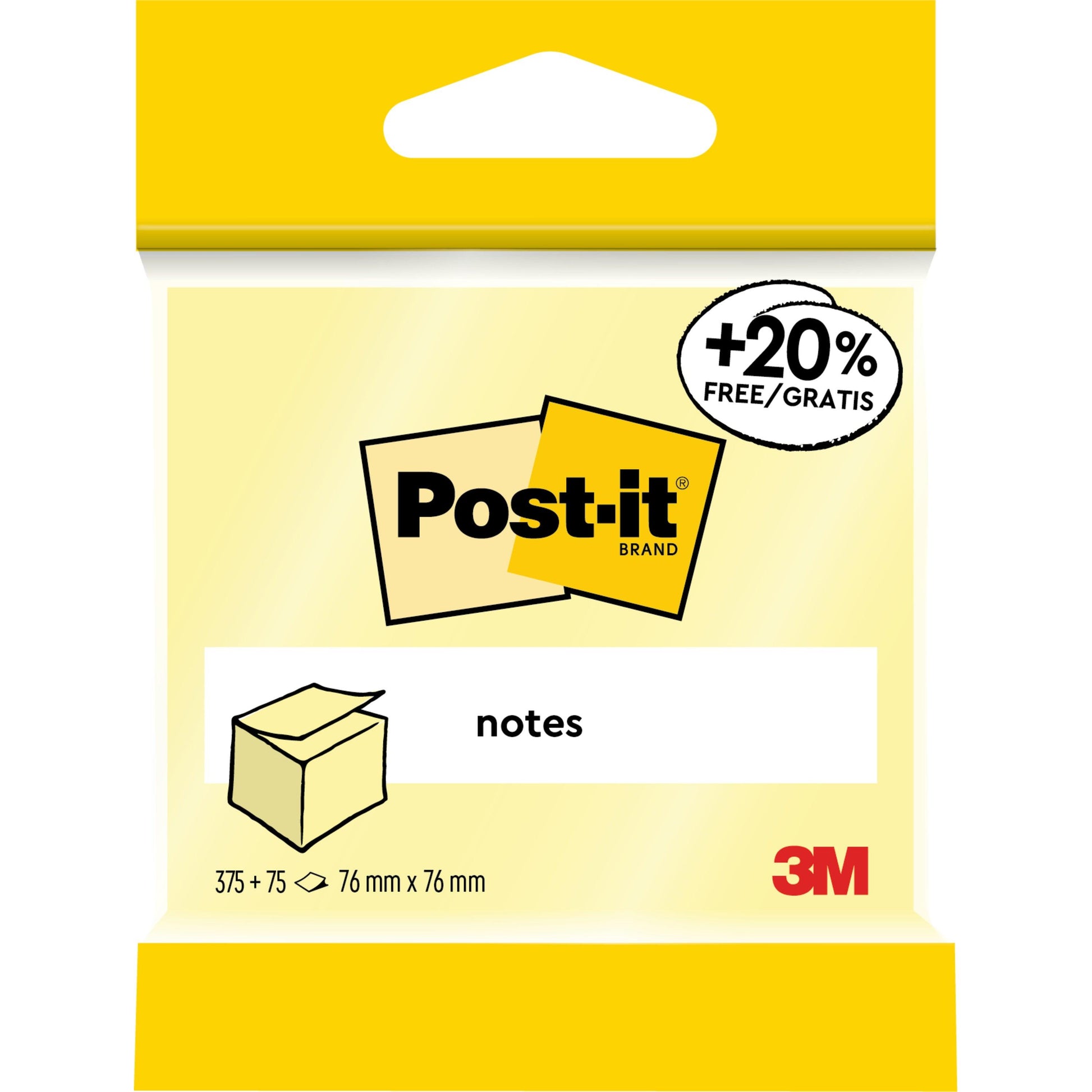 Eine Packung Post-it® Notes, gelb, 76 mm x 76 mm, 450 Blatt pro Block (1 Block), zeigt das Post-it® Brand-Logo, "+20% Free/Gratis", eine kleine Würfelgrafik und das 3M Deutschland GmbH Logo.