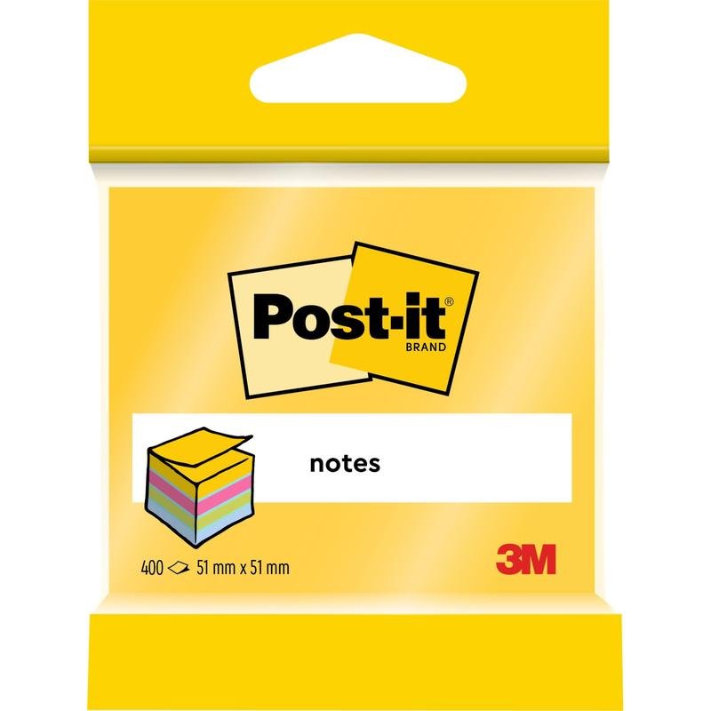 Een pakje Post-it® Notes Mini Kubus van 3M Deutschland GmbH, 51 mm x 51 mm, 400 vellen per blok, 100% PEFC gecertificeerd.