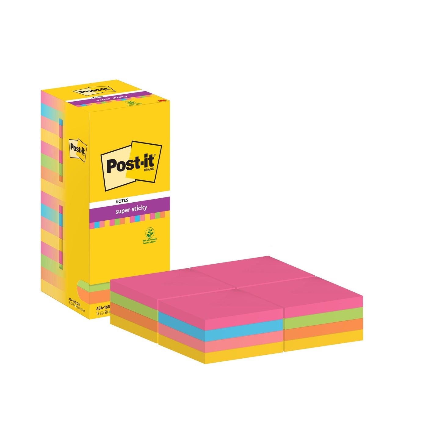 Een gele doos van 3M Deutschland GmbH Post-it® Super Sticky Notes (76x76mm, 90 vellen/blok, 16 blokken/verpakking, verschillende kleuren) wordt naast gekleurde blokken getoond. De verpakking benadrukt het merkelogo en details zoals 100% PEFC.