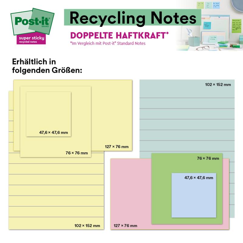 De afbeelding toont Post-it® Super Sticky 100% Recycling Notes (47,6 x 47,6 mm, 70 vel/blok, PEFC-gecertificeerd) van 3M Deutschland GmbH in pasteltinten, met een kleine foto die ze aan een muur en op een bureau laat zien.