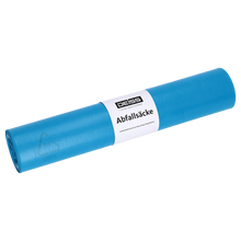 Abgebildet ist eine Rolle EMIL DEISS KG (GmbH + Co.) DEISS 20004 blaue Müllsäcke, 700x1100x0,029 mm (25 Säcke pro Rolle), mit weißem "DESS"-Etikett und "Abfallsäcke", auf weißem Hintergrund.