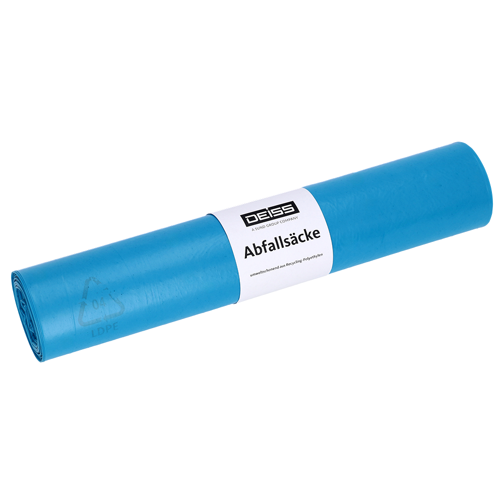 Eine Rolle DEISS 20017 blaue Müllsäcke (700x1100 mm, Typ 70, 25 Stück) von EMIL DEISS KG (GmbH + Co.), mit einem weiß-schwarzen "Abfallsäcke"-Etikett, ideal für die professionelle Abfallentsorgung, auf weißem Hintergrund.