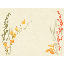 Ein beige strukturierter Hintergrund mit einfacher botanischer Kunst - gelbe und grüne Stängel links, rote Stängel rechts - lässt die Mitte leer. Ideales Motiv für Dunicel-Sets 30x40 der Duni GmbH.