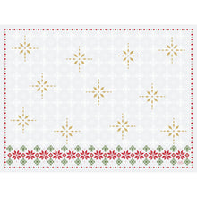 Das Tischset Dunicel-Sets 30x40 der Duni GmbH ist rechteckig, weiß und mit goldenen und grauen Schneeflocken sowie einer roten und grünen Blumenborte am unteren Rand verziert.