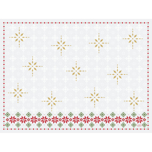Das Tischset Dunicel-Sets 30x40 der Duni GmbH ist rechteckig, weiß und mit goldenen und grauen Schneeflocken sowie einer roten und grünen Blumenborte am unteren Rand verziert.