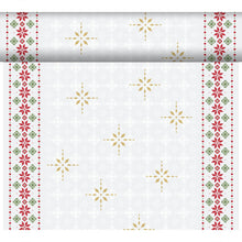 Het Dunicel-Tete a Tete 0,4x24m van Duni GmbH toont gouden sneeuwvlokken in het midden, rode en groene bloemenranden en een subtiele witte sneeuwvlokkenachtergrond - perfect als elegante tafelloper of tafeldecoratie.