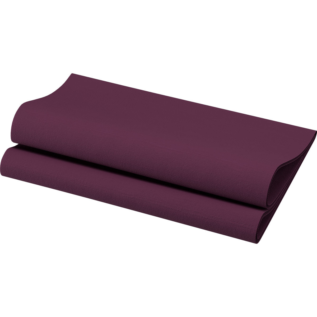 Een gevouwen, gestructureerde yogamat in donker violet wordt gepresenteerd voor een witte achtergrond, die de rijke kleurtinten van de Bio-Dunisoft-servetten 40 x 40 cm 1/4 vouw van Duni GmbH en hun milieuvriendelijke, elegante serviesontwerp weerspiegelt.
