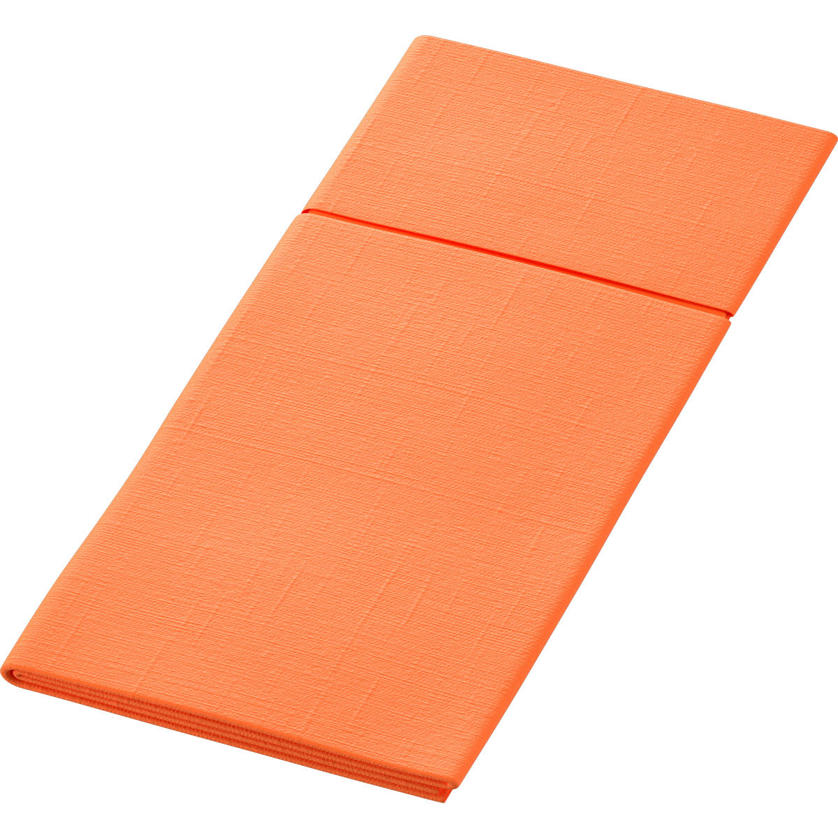 Der Bio Duniletto Slim 400 x 330 mm von Duni GmbH ist ein rechteckiger, orangefarbener Faltteppich mit dezentem Strukturmuster, hergestellt aus nachhaltigen Materialien - ideal für umweltfreundlich gedeckte Tische, abgebildet auf weißem Hintergrund.