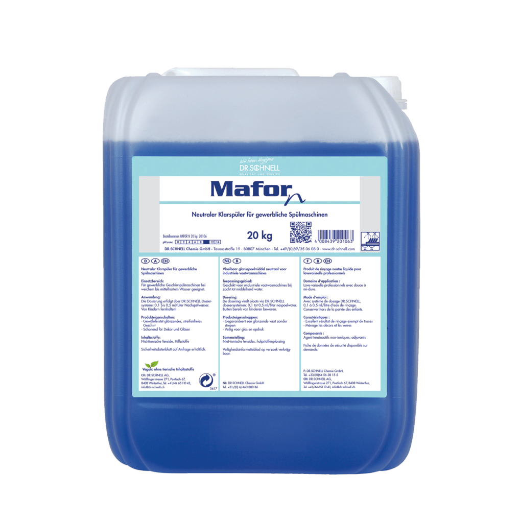 Een kunststofcontainer van 20 kg Dr. Schnell MAFOR N 1 Glansspoelmiddel voor vaatwasmachines van DR.SCHNELL GmbH & Co. KGaA, blauwe vloeistof, Duits etiket, voor commerciële vaatwasmachines, zorgt voor streeploze glans op het servies.