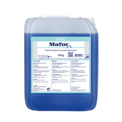Een kunststofcontainer van 20 kg Dr. Schnell MAFOR N 1 Glansspoelmiddel voor vaatwasmachines van DR.SCHNELL GmbH & Co. KGaA, blauwe vloeistof, Duits etiket, voor commerciële vaatwasmachines, zorgt voor streeploze glans op het servies.